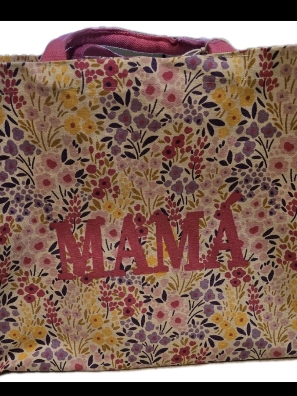 NWT Tote Bag "MAMA" TEXT Floral Reusable Shopper Pink Canvas Grocery Beach Gift